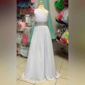 Sz 12 One Shoulder Long White Beaded Formal Pageant Princess Gown Dress w/ train